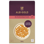 Alb Gold chickpea fusilli pasta in a clear bowl, showcasing the light beige, spiral-shaped gluten-free pasta on a white background.