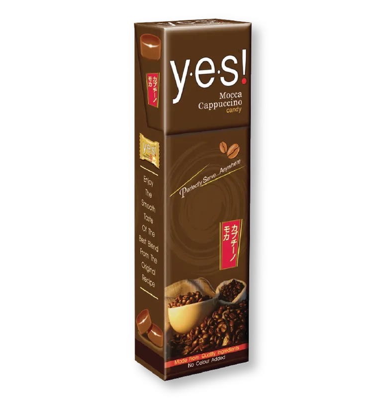 YES! Candy Mocha Cappuccino dry snack pack, 36g, featuring chocolate and coffee flavors in a convenient confectionery package.