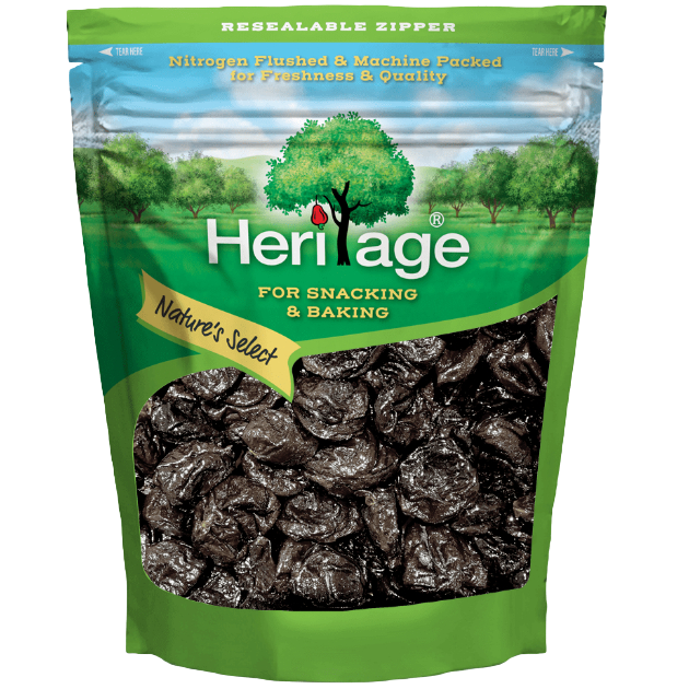 Heritage Prunes, a package of confectionery snacks, featuring dried plump prunes in natural light.