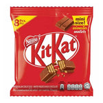 Mini KITKAT wafer fingers coated in milk chocolate, 9g snack pack, dry grocery product with crispy wafer layers.