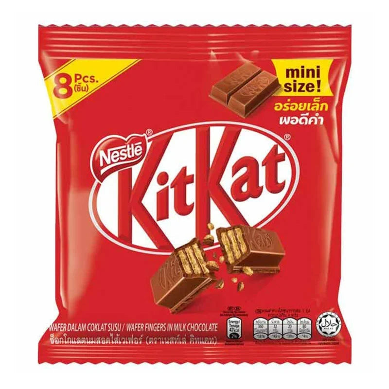 Mini KITKAT wafer fingers coated in milk chocolate, 9g snack pack, dry grocery product with crispy wafer layers.