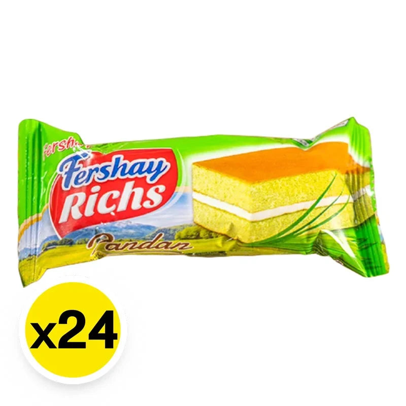 Fershay Fershay Pandan Flavored Layer Cake filled with cream, 15g, a snack confectionery with green pandan flavor and creamy filling.