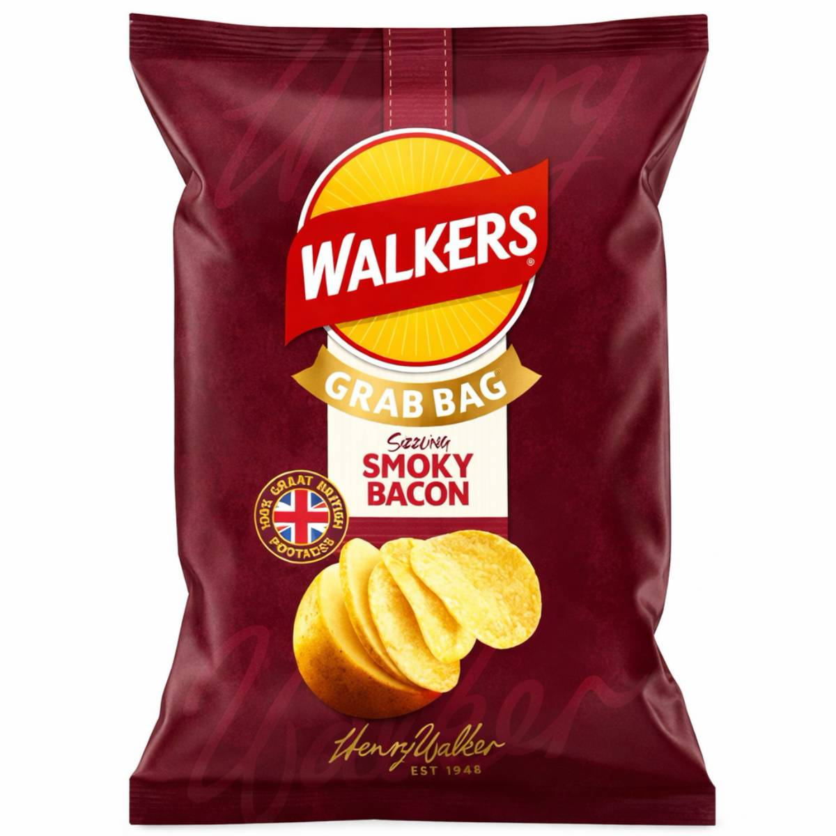 Walkers Smoked Bacon Potato Crisps in a bag, showing the crispy texture and smoky flavor of the snack.