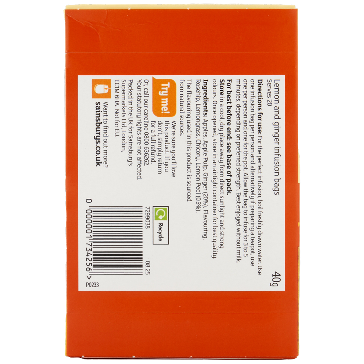 Sainsbury's Lemon & Ginger Infusion Tea box with 20 tea bags, featuring fresh lemon and ginger flavor in a colorful package.
