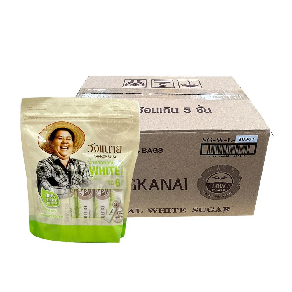 Wangkanai white sugar sachets, 6g each, showing individual dry grocery packets with brand logo on white packaging