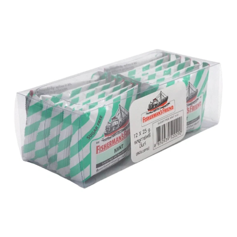 Fisherman's Friend Sugar-Free Mint Lozenges pack with 12 lozenges, featuring fresh mint flavor, in a clear wrapper.