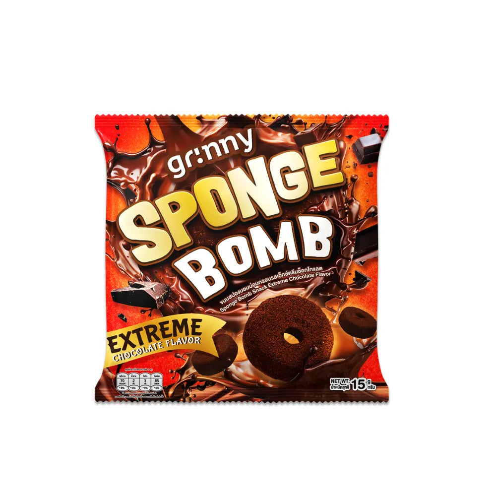 Grinny Sponge Bomb Snack Extreme Chocolate flavor, 15g x 3 packs, chocolate-flavored confectionery snack in colorful packaging
