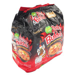 Samyang Hot Chicken Stew Ramen 145g pack, spicy Korean dry noodle product with vibrant packaging and steaming hot broth in bowl
