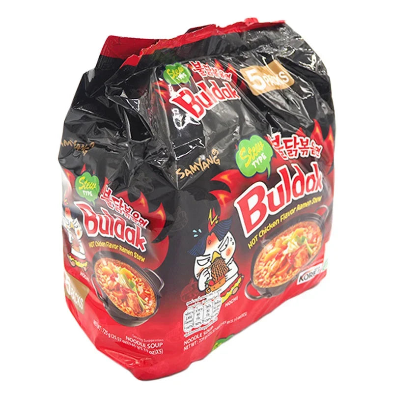 Samyang Hot Chicken Stew Ramen 145g pack, spicy Korean dry noodle product with vibrant packaging and steaming hot broth in bowl