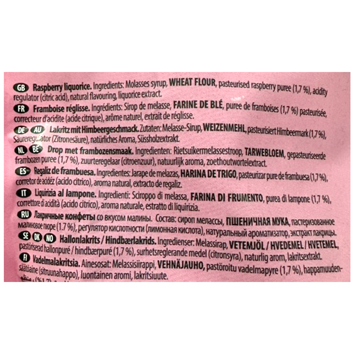 Panda Liquorice Raspberry confectionery snacks featuring black liquorice with raspberry flavor and colorful packaging.