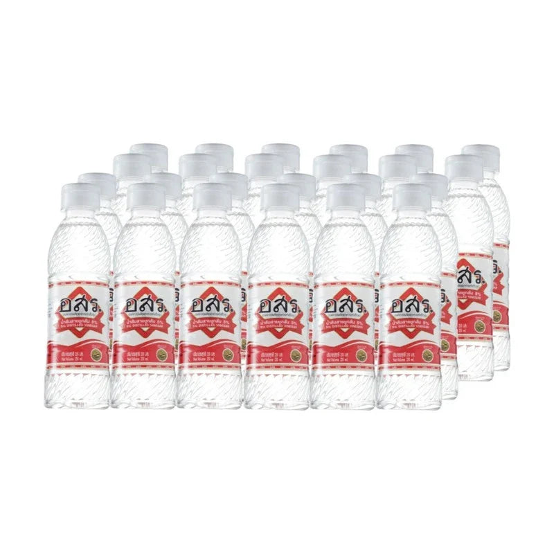 Aor Sor Ror ASR distilled vinegar 5% in a clear glass bottle, labeled with product details, on a white background.