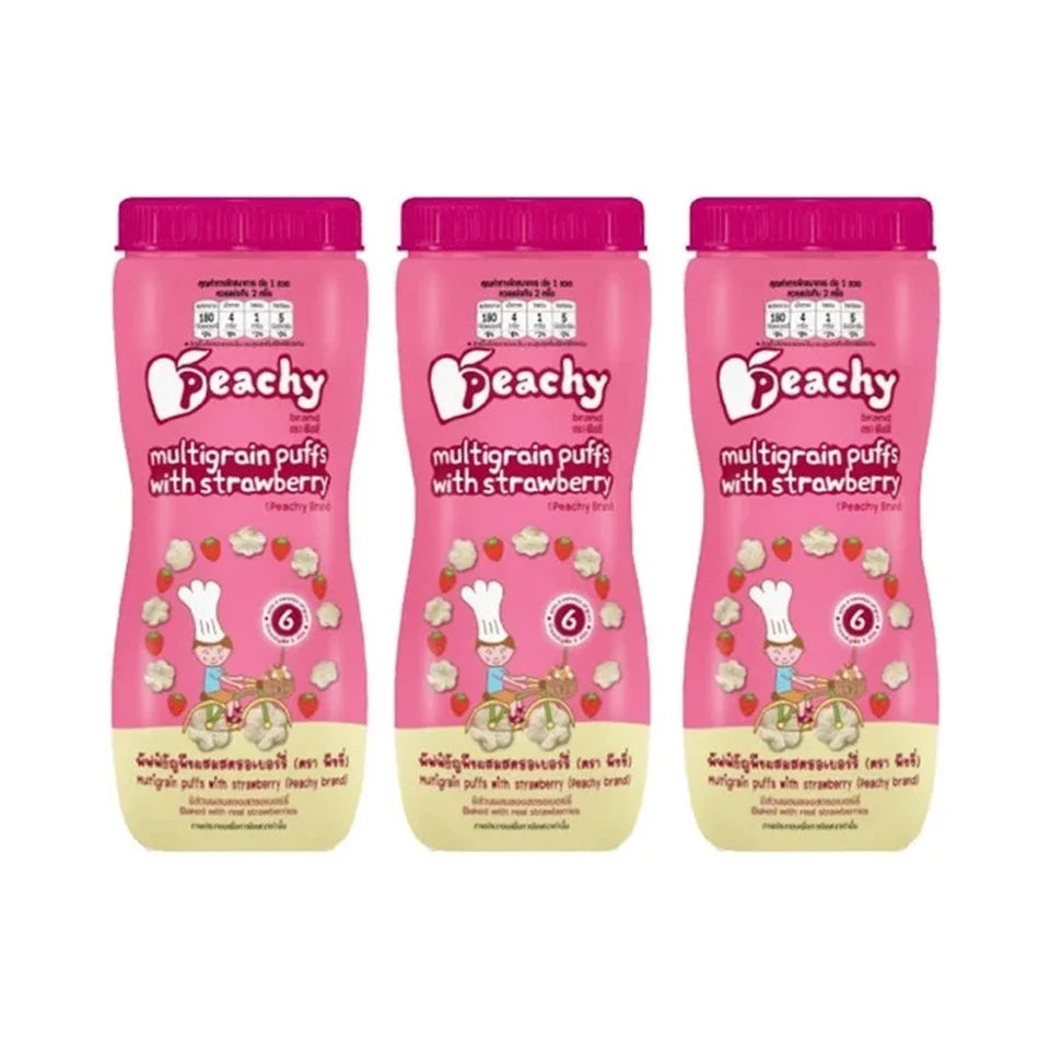 Peachy brand jar of cereal puff snacks with colorful puffed cereal inside, perfect for dry grocery and snack time.
