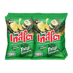 Tasto Crispy Potato Chips with Nori Seaweed flavor, 42g packs, stacked showing golden chips and green seaweed seasoning.