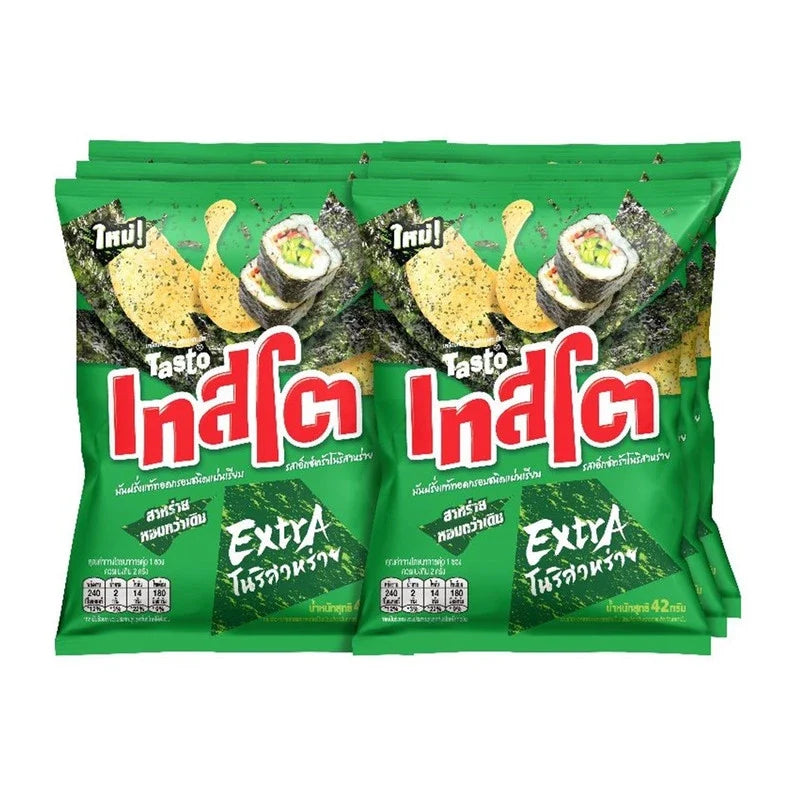 Tasto Crispy Potato Chips with Nori Seaweed flavor, 42g packs, stacked showing golden chips and green seaweed seasoning.