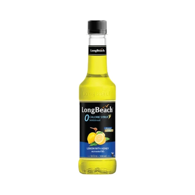 LongBeach Zero Calories Lemon Honey Syrup bottle, dry grocery product with a clear label and yellow lemon and honey imagery.