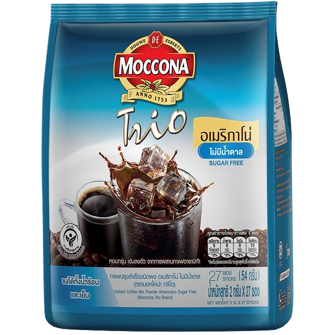 Moccona Trio Americano Sugar-Free coffee drink in a clear glass with ice and coffee beans, showcasing a refreshing beverage.