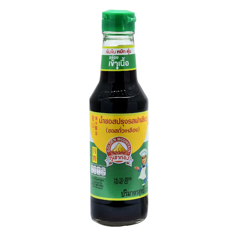 Golden Mountain Sauce with green cap, a flavorful grocery product in a clear bottle, showcasing the authentic Asian seasoning.