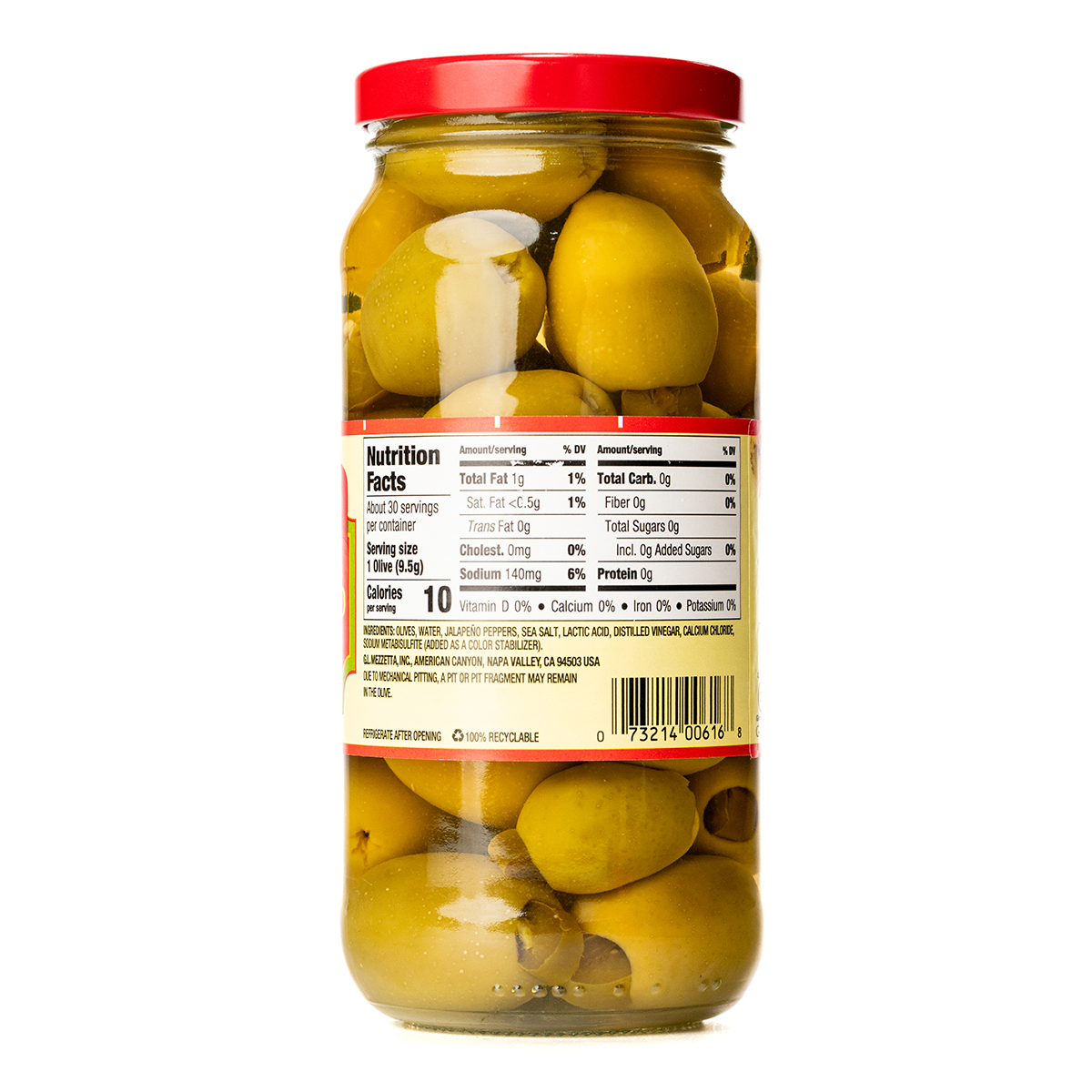 Mezzetta Jalapeno Stuffed Olives in a clear bowl, showcasing green olives filled with spicy jalapenos for a flavorful snack.