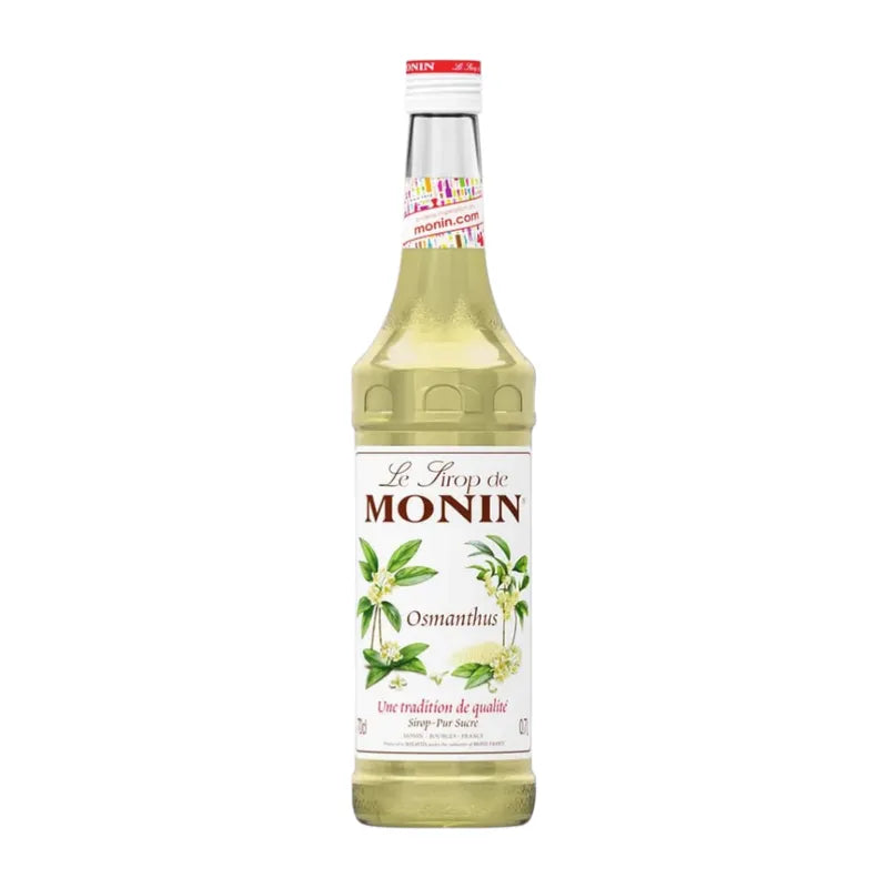 Monin Osmanthus Syrup 700ml bottle, dry grocery product with a label featuring floral design, used for flavoring beverages and desserts.
