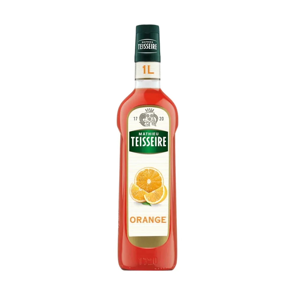 Mathieu Teisseire Orange Syrup 1000ml bottle, vibrant orange color, ideal for beverages and desserts, in a clear plastic bottle