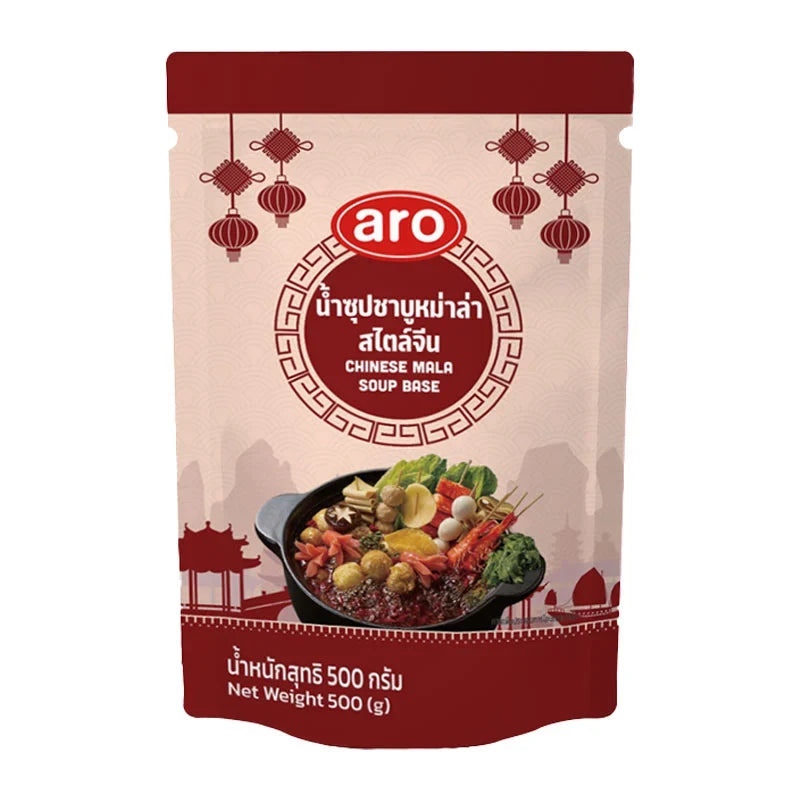 ARO Mala Shabu Soup dry grocery package, 500g, showing the product label with ARO branding and vibrant soup imagery.