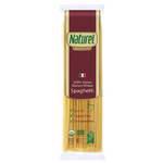 Organic Durum Wheat Spaghetti Pasta from Naturel Organic, showing uncooked pasta strands on a white background.