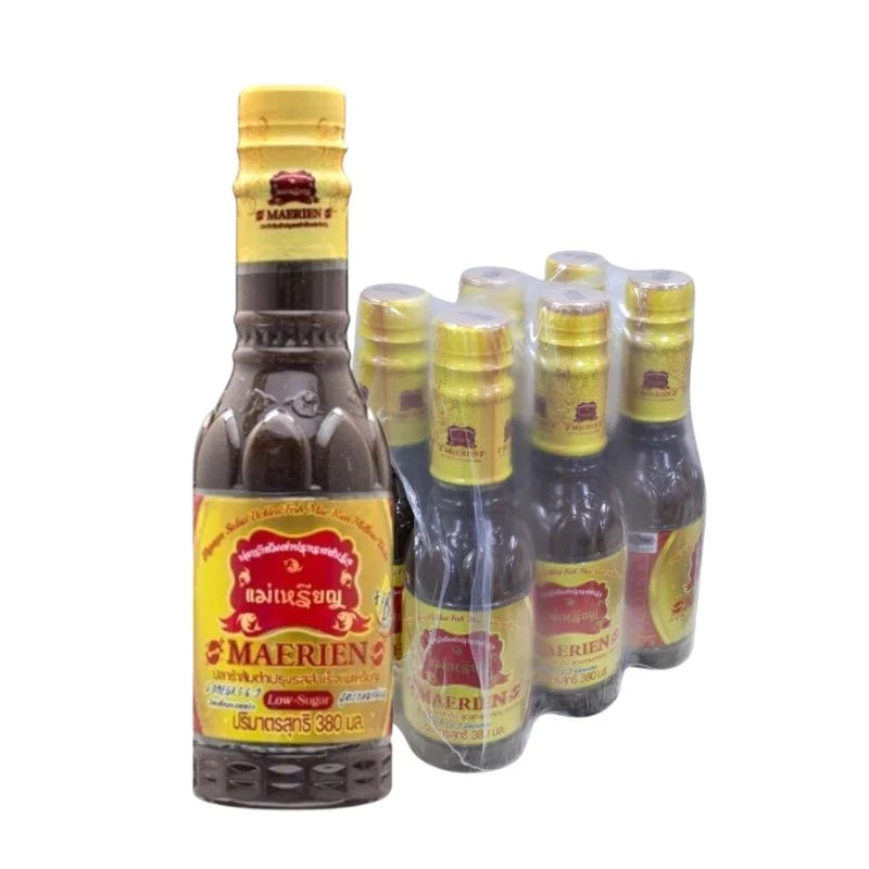 Plaramaerien Pla-ra fermented fish sauce bottle in a 380ml container, shown in a dry grocery setting.