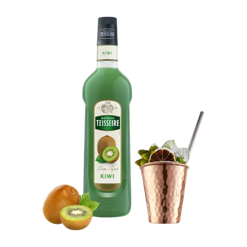 Mathieu Teisseire Kiwi Syrup 1000ml bottle, pour-ready kiwi-flavored syrup for beverages and desserts in a clear plastic bottle