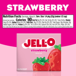 Strawberry flavored Jell-O gelatin dessert mix in a package, ready for preparation, by Jell-O for grocery use.