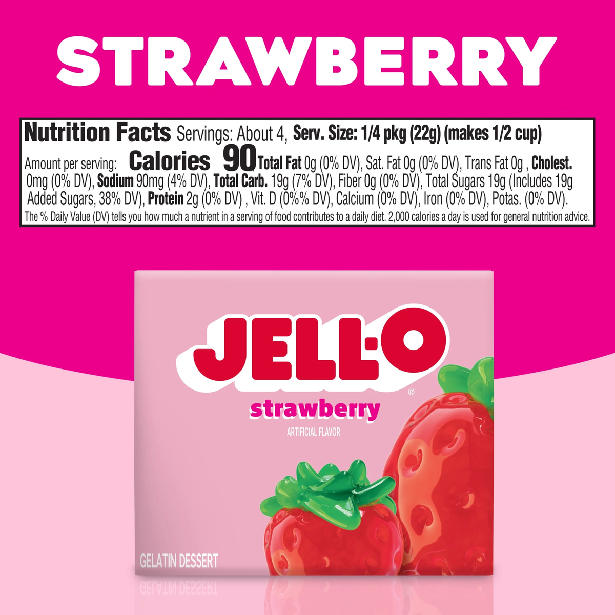 Strawberry flavored Jell-O gelatin dessert mix in a package, ready for preparation, by Jell-O for grocery use.