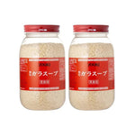 Youki Granule Chicken and Beef Soup Stock in clear bottles, showing dry granules and label with brand name and product details.
