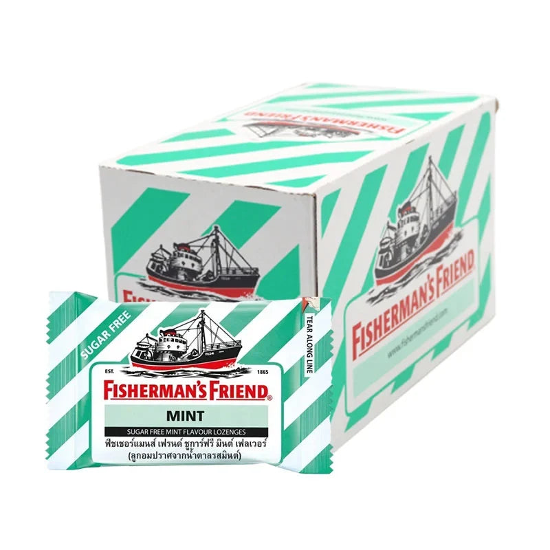 Fisherman's Friend Sugar Free Mint lozenges in a box, refreshing mint flavor, part of dry grocery snacks confectionery.