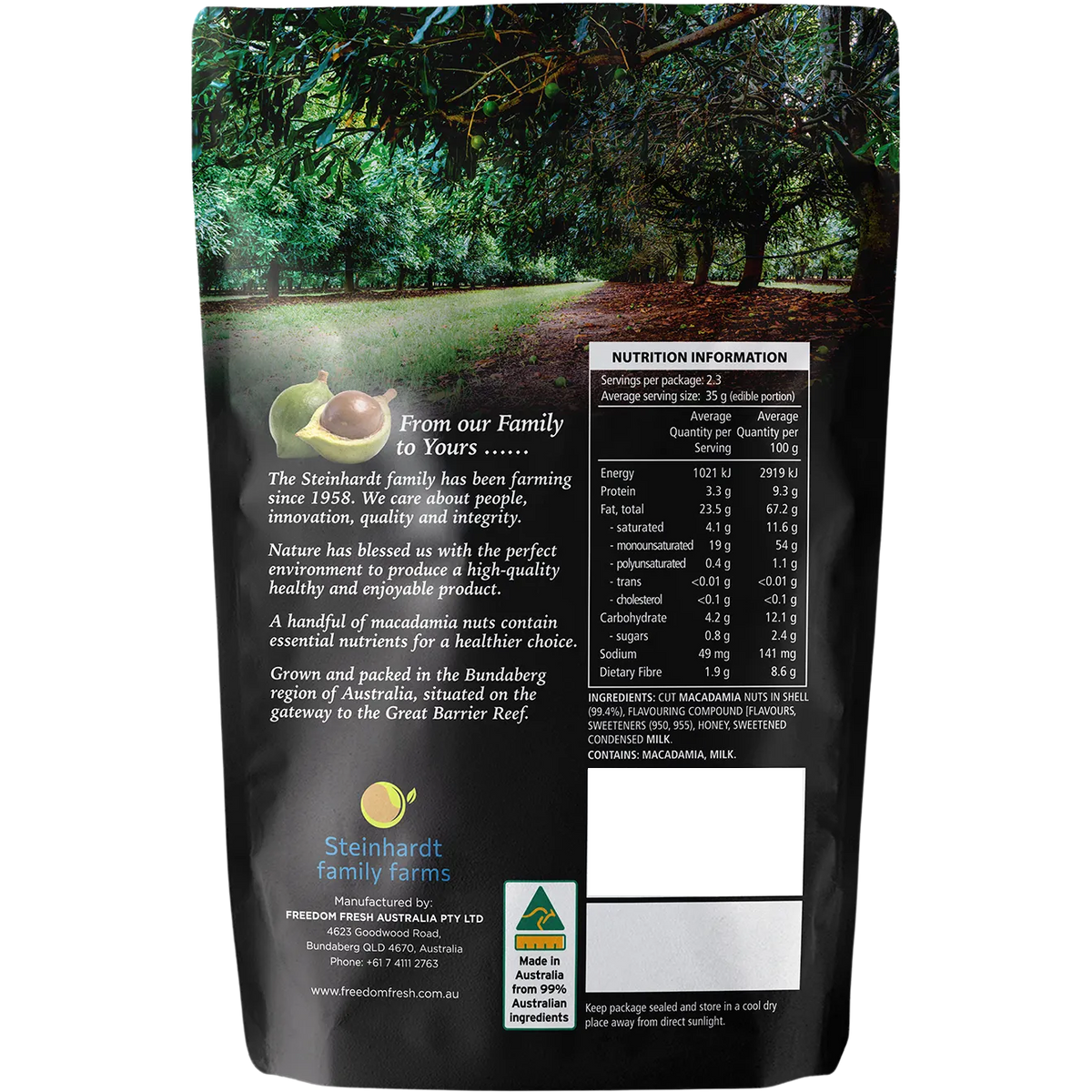 Australian Honey Golden Crunch Macadamias from The Original, coated with honey and crispy golden caramel, in a clear snack package.