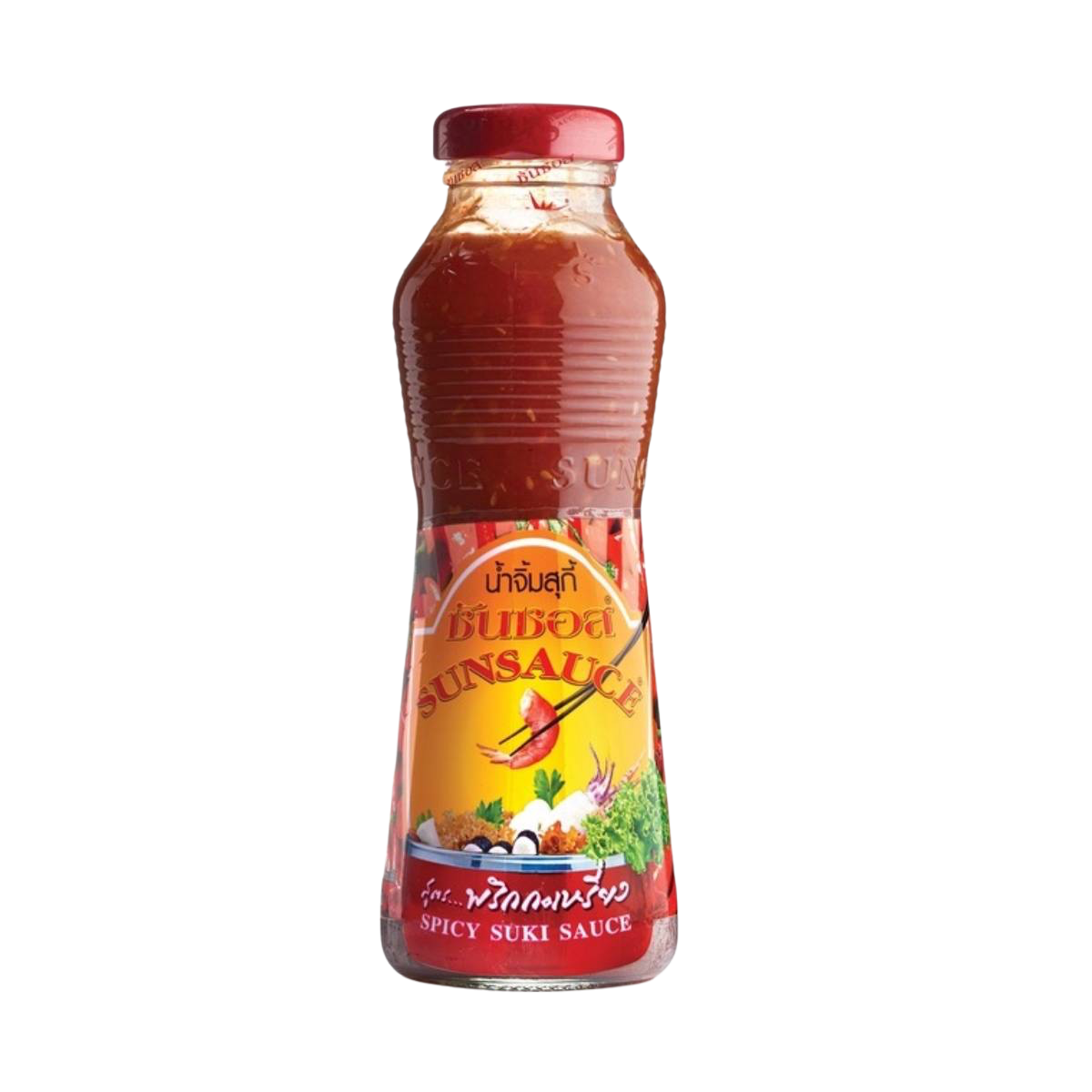 Spicy Suki Sauce by Sun Sauce in a small grocery bottle, with bright label featuring chili peppers and Asian-inspired design.