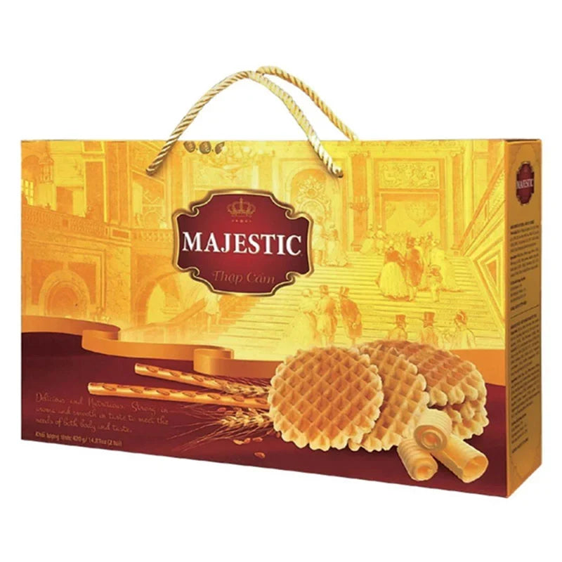 Richy Assortment Butter Waffles in 420g package, dry grocery snack and confectionery with crispy, golden waffle biscuits.