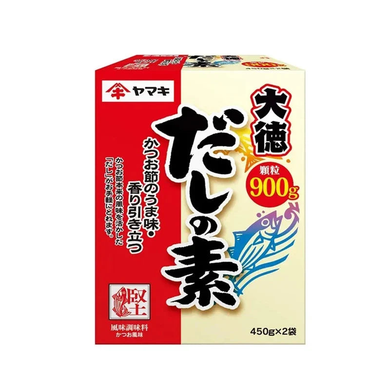 YAMAKI Yamaki Dashi No Moto soup base with roasted dried bonito flakes in a clear container, ready for Japanese cooking.