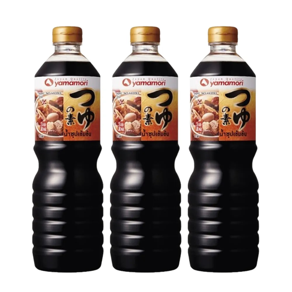 Yamamori Concentrated Soup Oden 1L bottles, three-pack, in clear bottles with Japanese labels for dry grocery use.