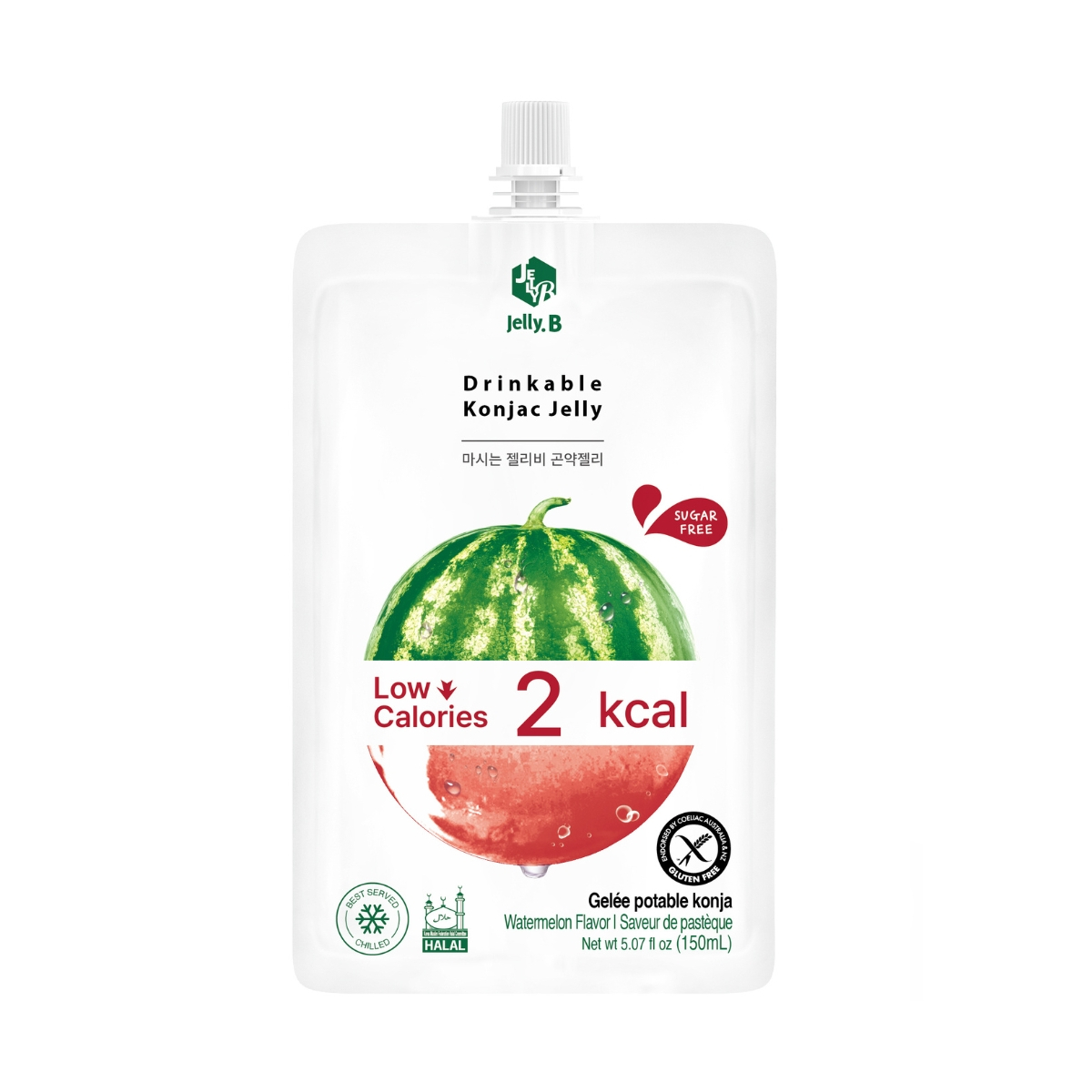 Watermelon flavor Jelly B Konjac jelly snack in a clear package, showcasing its bright, fruity appearance and chewy texture.