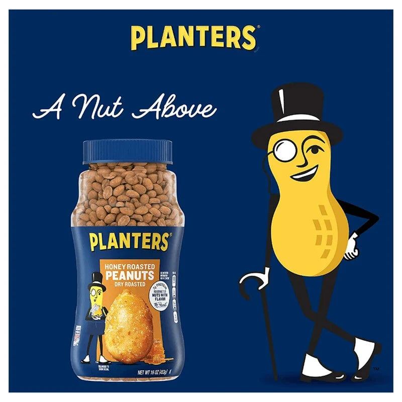 PLANTERS dry honey roasted peanuts with sea salt in 453g package, showing coated peanuts with salt and honey flavor.