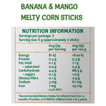 Only Organic Banana Mango Corn Sticks, colorful confectionery snack with banana and mango flavors, displayed in a clear bag.