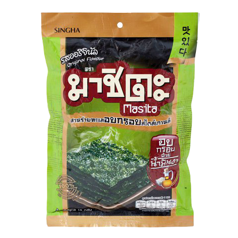 Roasted Masita Seaweed snack in original flavor, showing crispy, golden seaweed sheets with a textured surface.