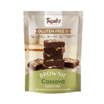 Tasuko gluten-free brownie mix in a packaging bag, ready for baking, with chocolate brownie ingredients visible.