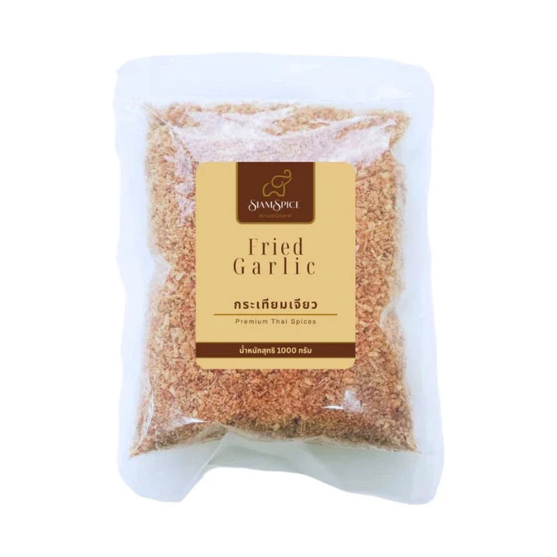 SiamSpice Fried Garlic 1000g in a clear plastic bag, dry grocery product with golden-brown crispy garlic pieces.