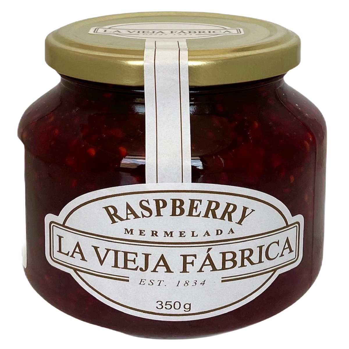 Jar of Fragata Raspberry Preserves with fresh raspberries, showcasing the vibrant red jam in a clear glass jar.