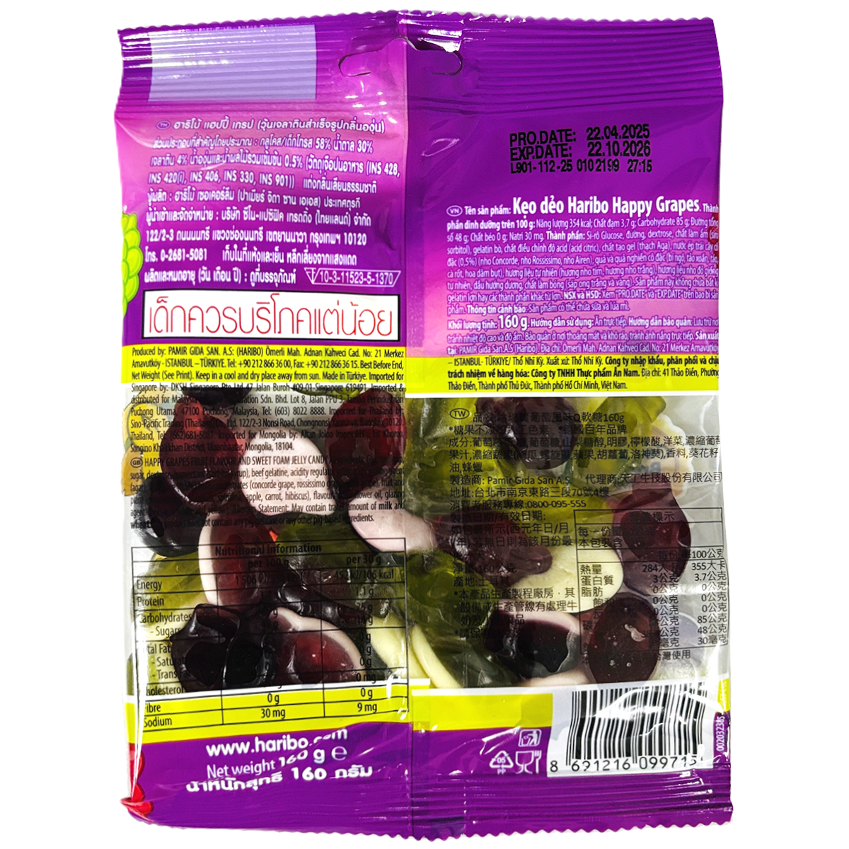 Colorful Haribo Happy Grapes confectionery snacks in vibrant purple and green gummy grape shapes on a white background.