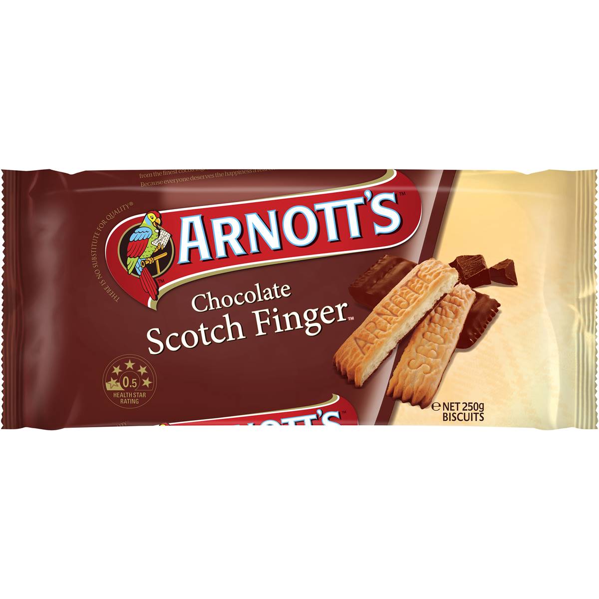 Arnott's Choc Scotch Fingers confectionery snacks featuring chocolate-coated finger biscuits on a white plate.