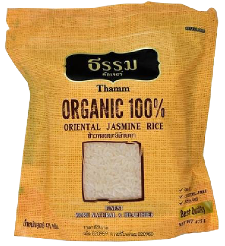 Organic Thamm Jasmine Rice in a clear bag, showcasing white, fluffy grains perfect for healthy cooking and grocery shopping.
