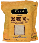 Organic Thamm Jasmine Rice in a clear bag, showcasing white, fluffy grains perfect for healthy cooking and grocery shopping.