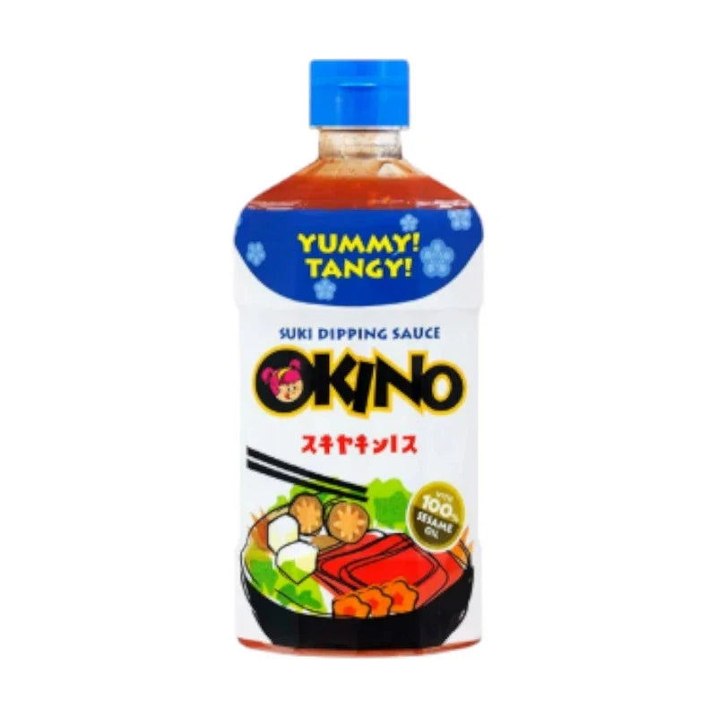 Okino Suki Sauce 400g, Japanese dry grocery condiment in a clear jar with a dark brown sauce inside.