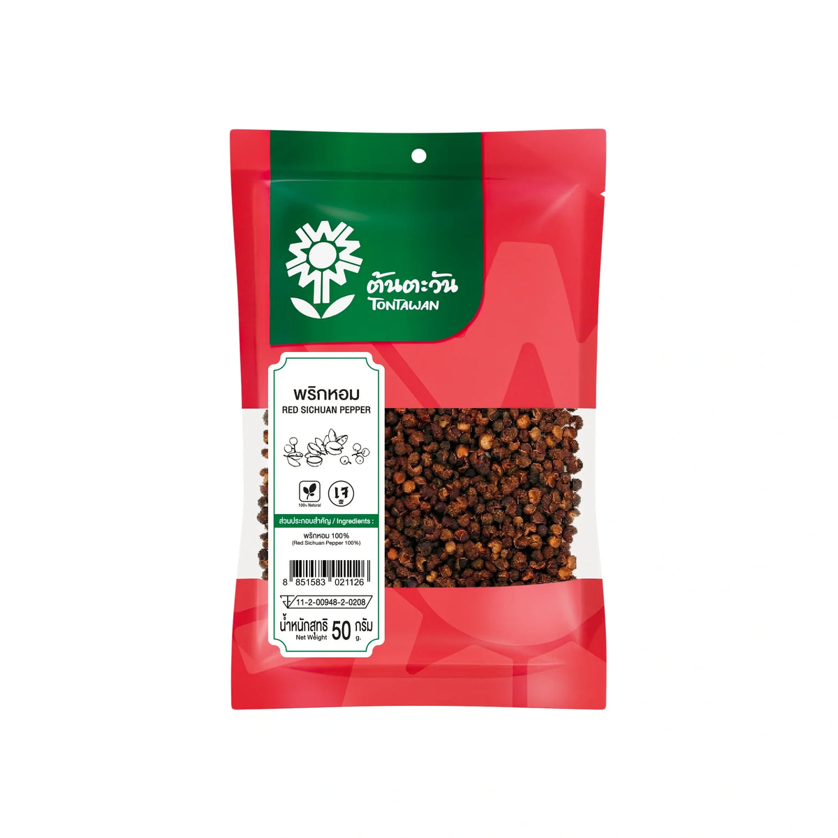 Dried Tontawan Chilli 50g from TONTAWAN, vibrant red chili peppers in a clear package, suitable for cooking and spice seasoning.